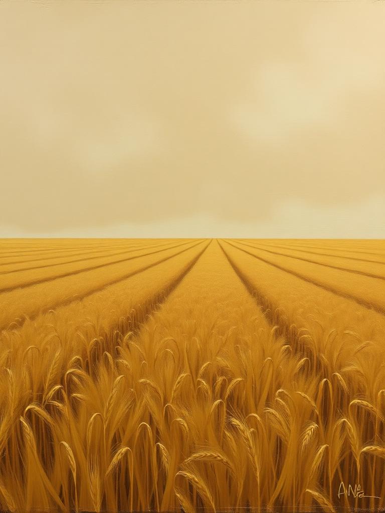 Peinture d'un champ de blés couchés sous un ciel bas