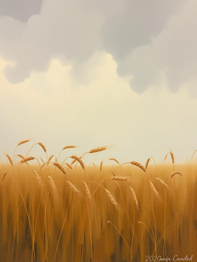 Peinture d'un champ balayé par le vent, ciel bas
