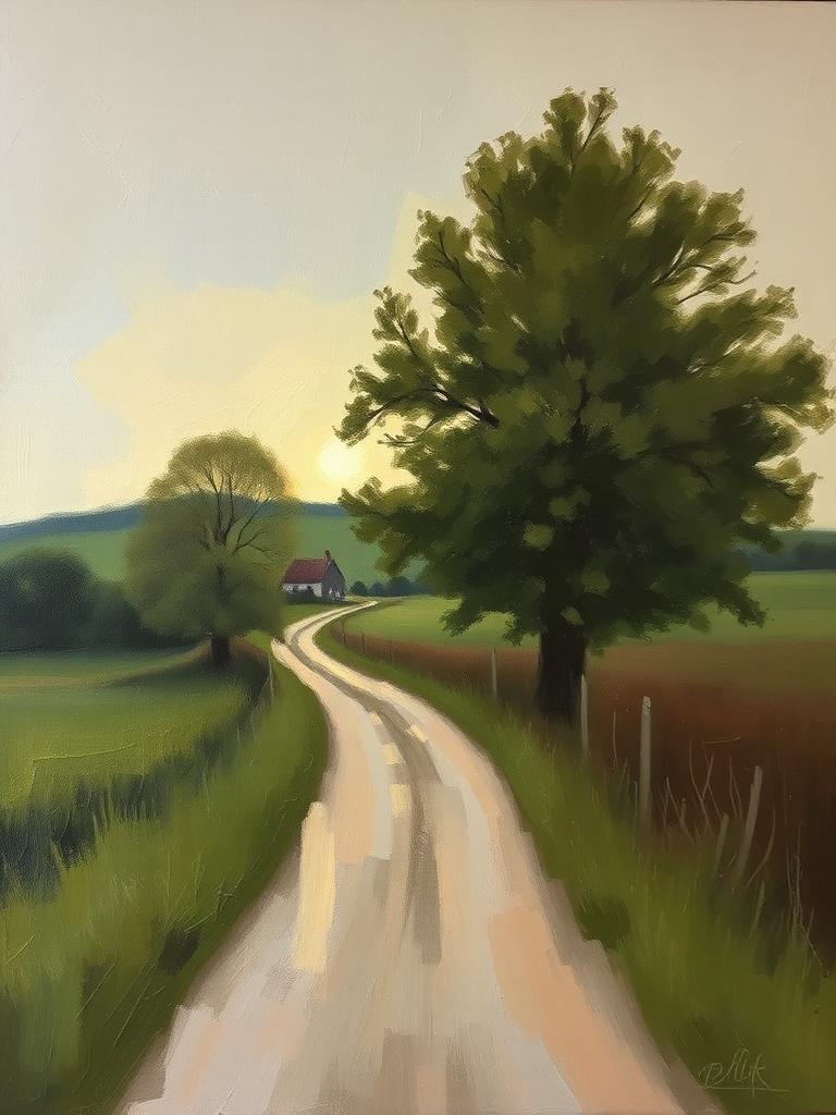 Peinture d'une campagne au crépuscule, chemin bordé d'arbres