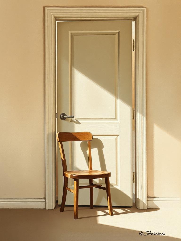Peinture d'une chaise en bois près d'une porte entrouverte