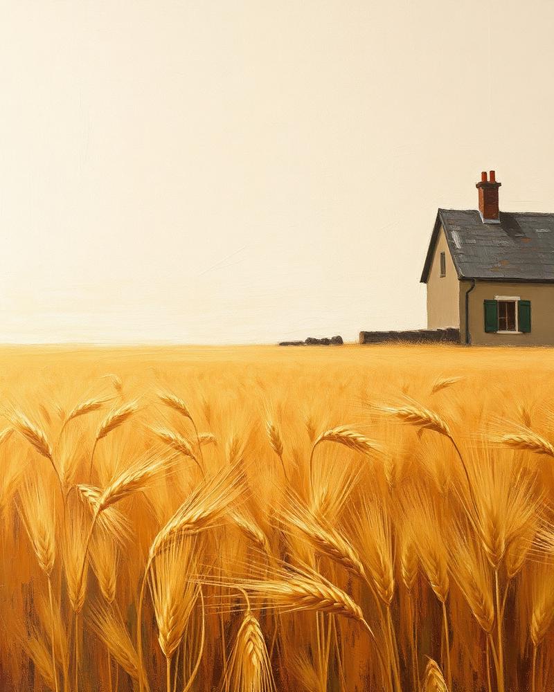 Peinture d'un champ de blé doré avec une petite maison à droite
