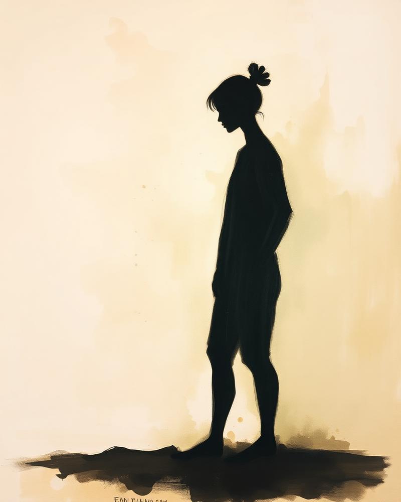 Peinture d'une silhouette sombre se détachant sur un fond crème