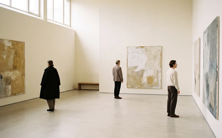 Visuel d'ambiance : trois visiteurs dispersés dans une grande salle blanche, devant des œuvres accrochées à distance les unes des autres
