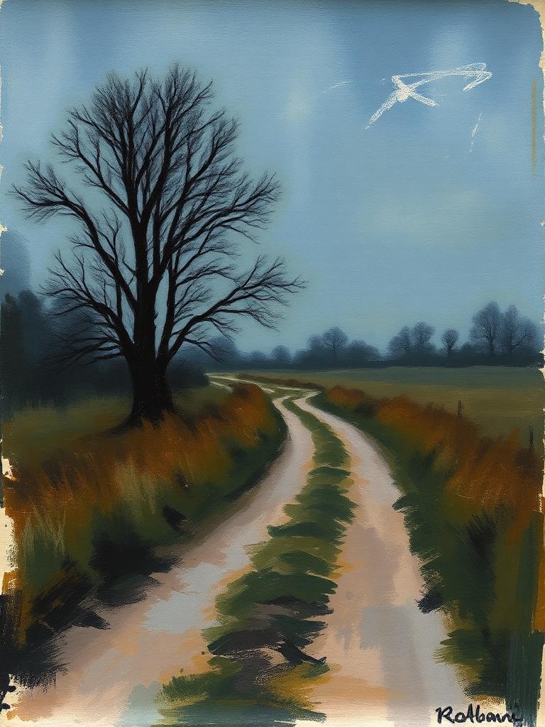 Étude à l'huile sur papier d'un chemin de campagne au crépuscule