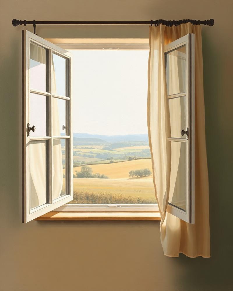 Peinture d'une fenêtre ouverte donnant sur une campagne vallonnée