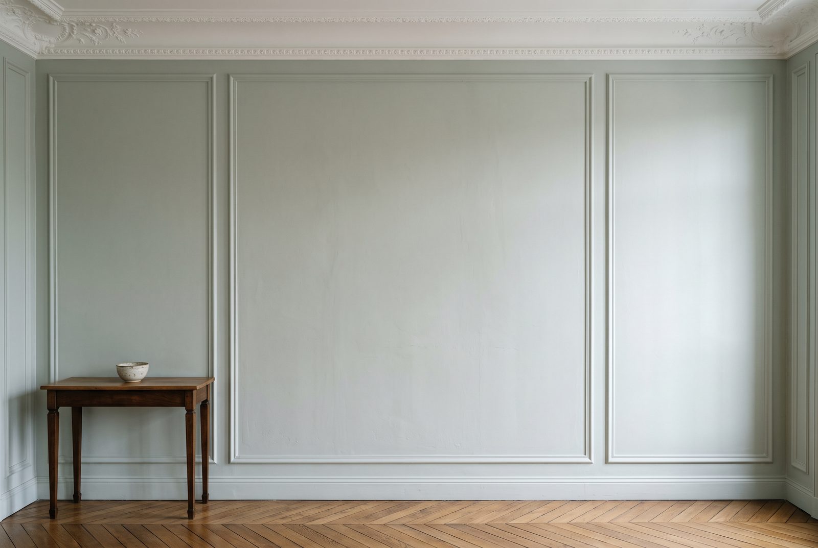 Visuel d'ambiance : une salle aux boiseries anciennes et au parquet à chevrons, une console de bois sous un mur clair