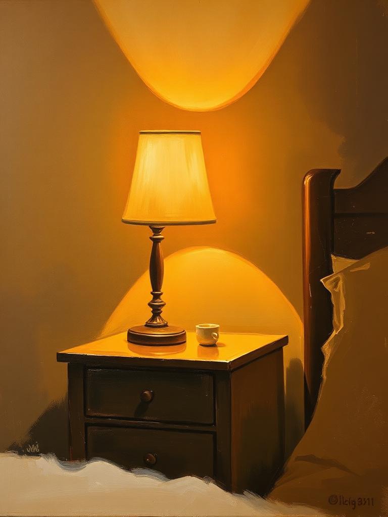 Peinture d'une lampe allumée dans un intérieur sombre