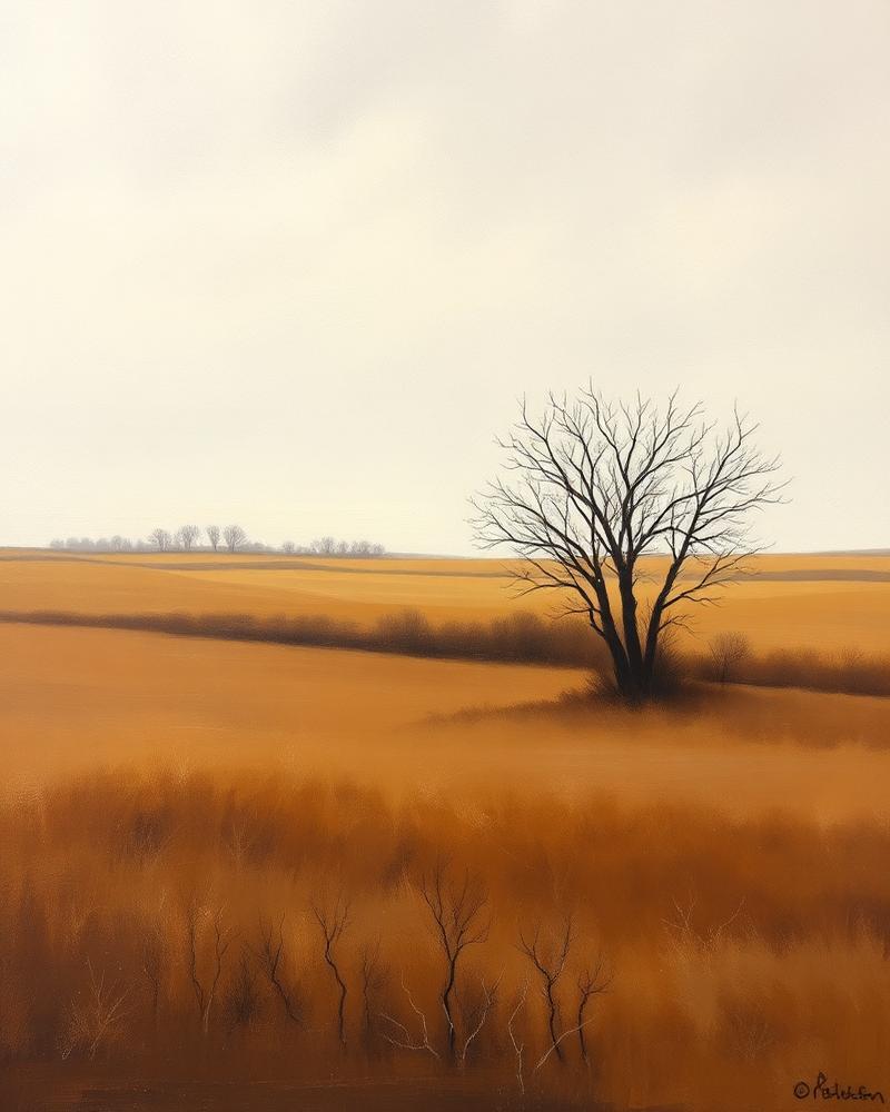 Peinture d'un arbre nu dans un champ automnal sous un ciel pâle
