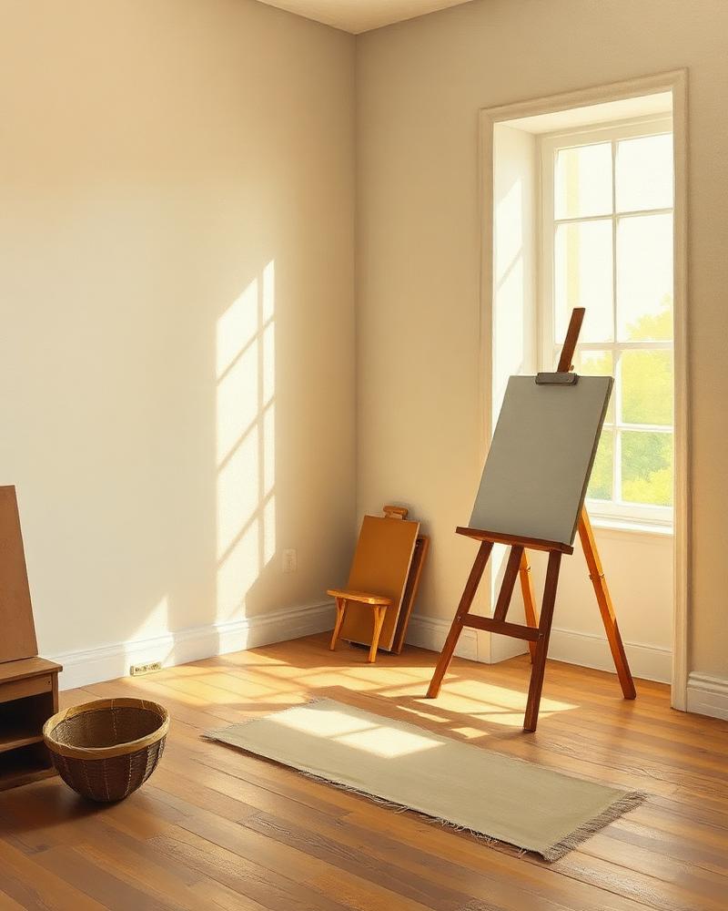Peinture d'un atelier baigné de lumière matinale, chevalet et sol en bois