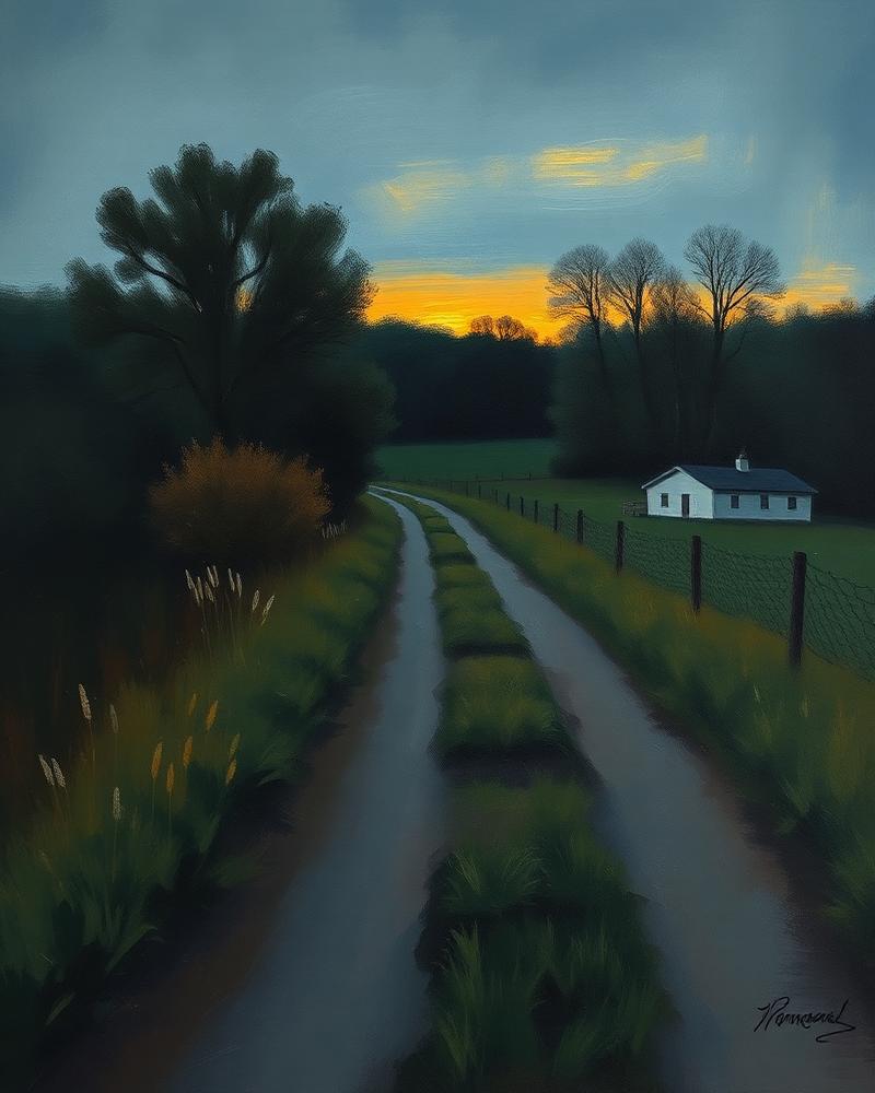 Peinture d'un chemin de campagne au crépuscule avec une petite maison au loin