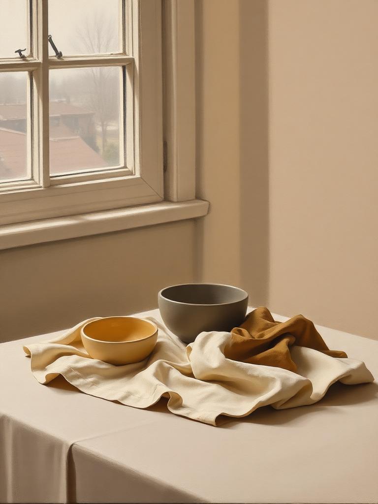 Peinture d'une table dressée simplement dans une lumière grise