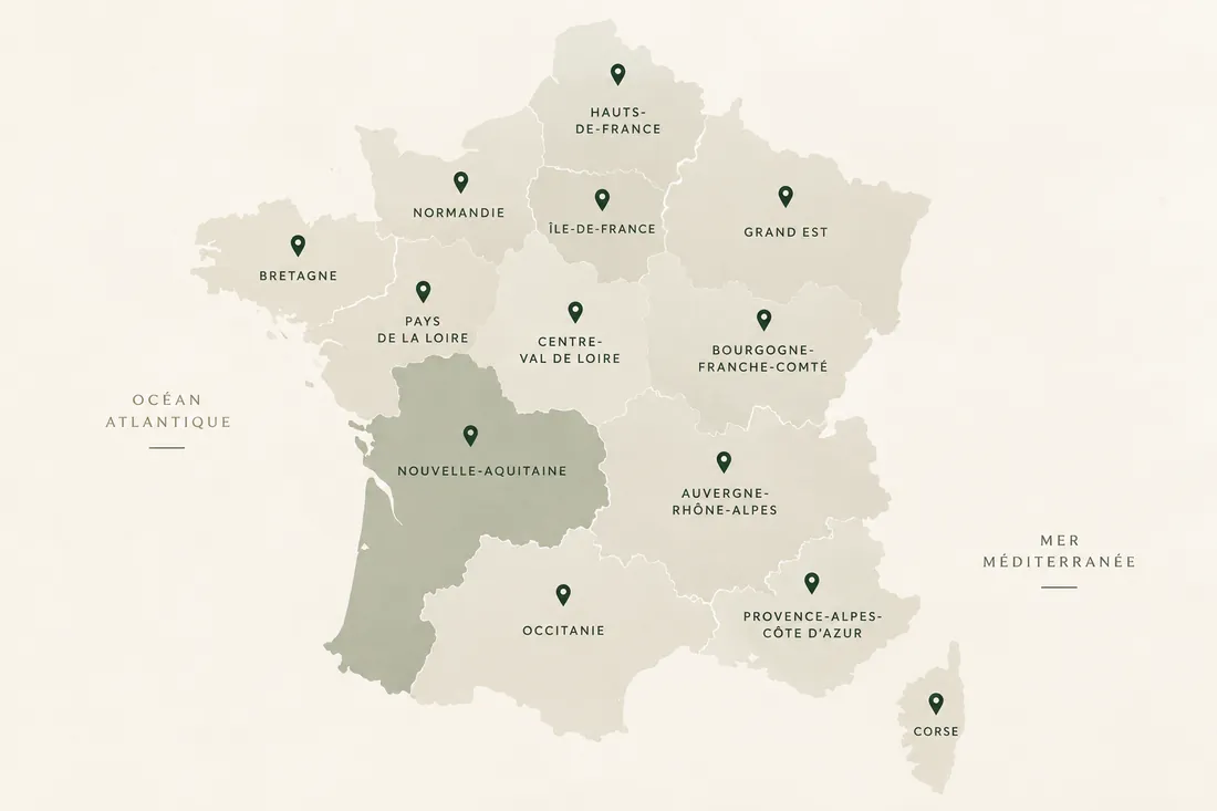 Carte stylisée de la France : les treize régions métropolitaines et la Corse, chacune nommée et marquée d'une épingle