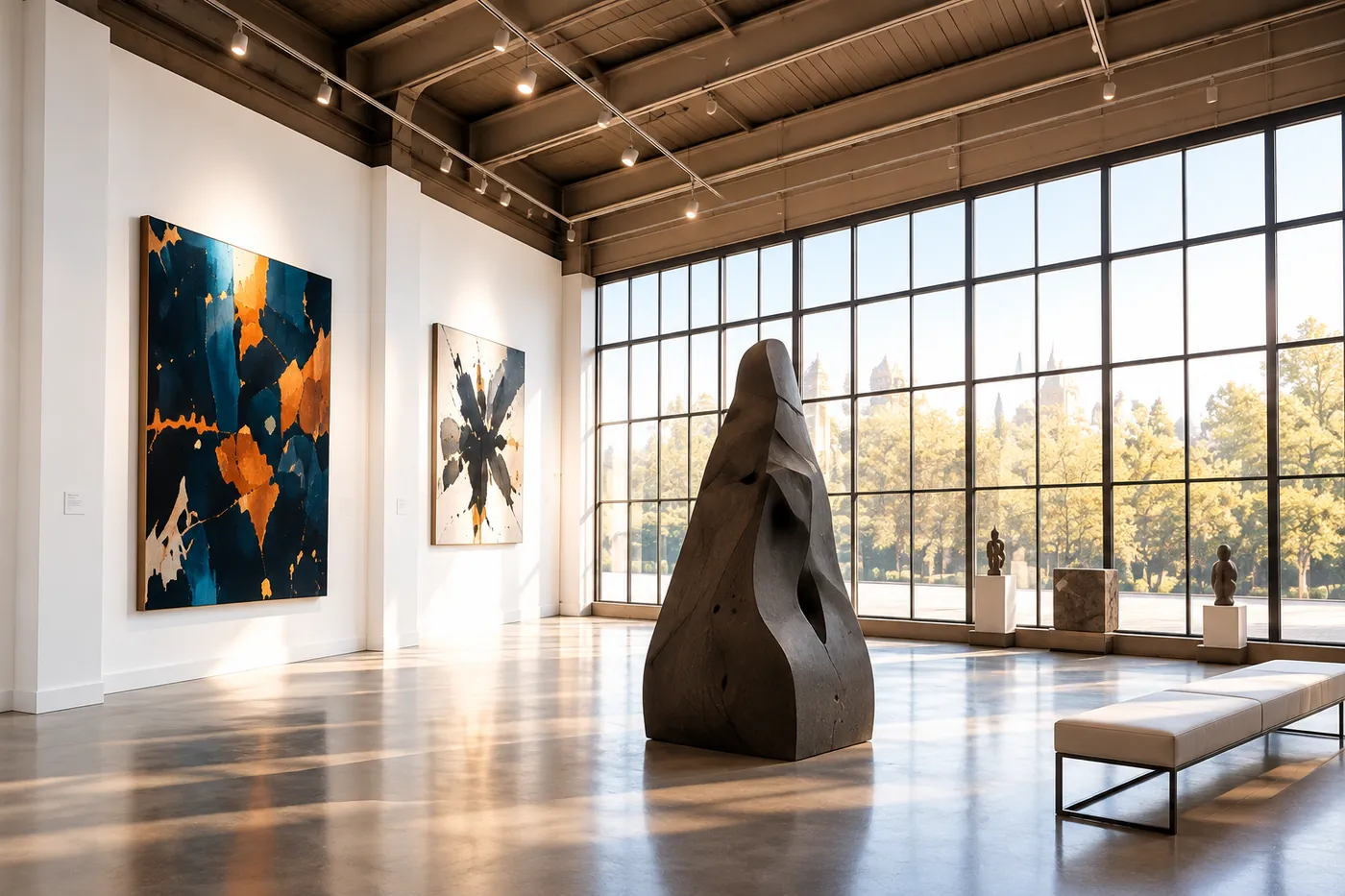 Visuel d'ambiance : un volume industriel à charpente apparente, immense verrière à meneaux et sculpture de pierre brute au centre