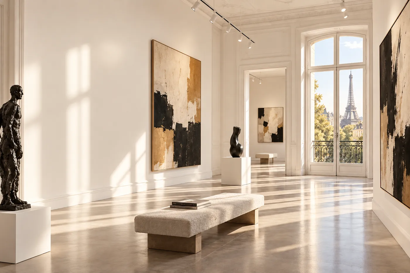 Visuel d'ambiance : une galerie aux moulures anciennes et au sol clair, une grande porte-fenêtre ouverte sur les toits de Paris