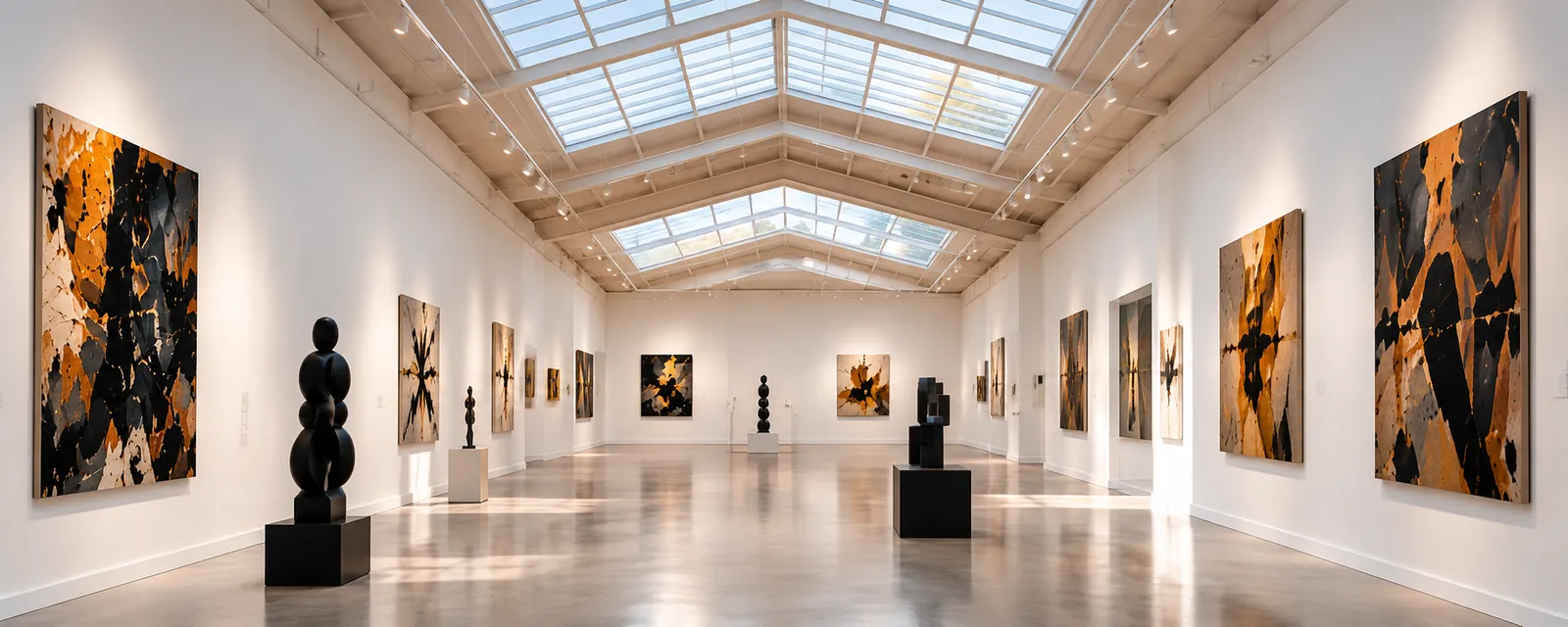 Visuel d'ambiance : une nef d'exposition éclairée par une verrière en sheds, toiles et sculptures alignées de part et d'autre