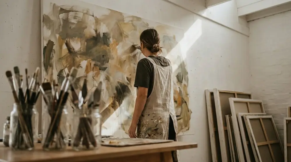 Visuel d'ambiance : une artiste de dos dans son atelier, devant une grande toile abstraite en cours, pinceaux au premier plan