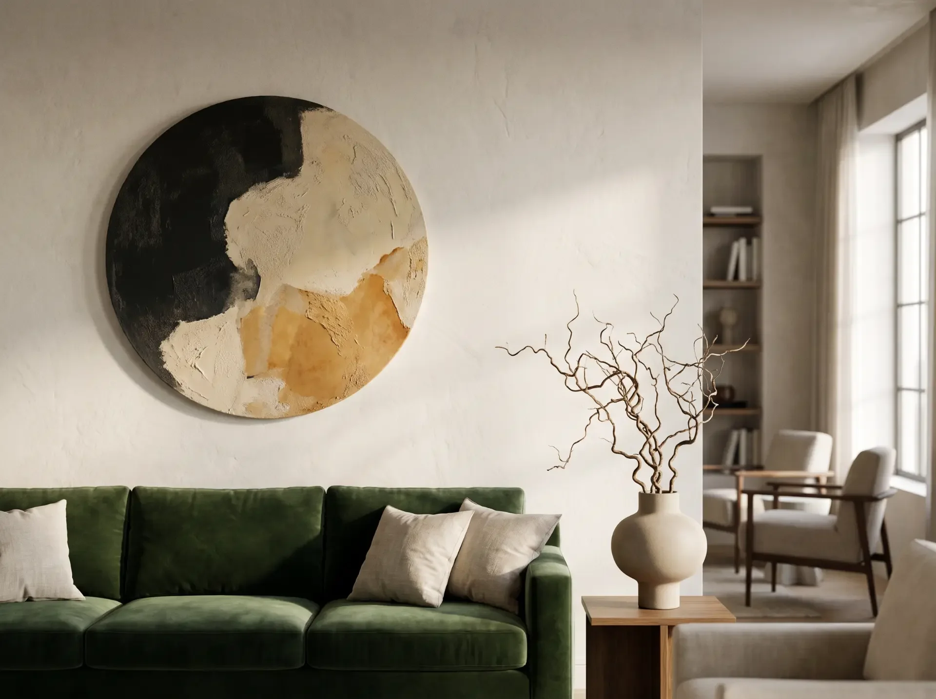 Un salon clair avec un canapé vert, une table basse en bois et un tableau rond accroché au mur