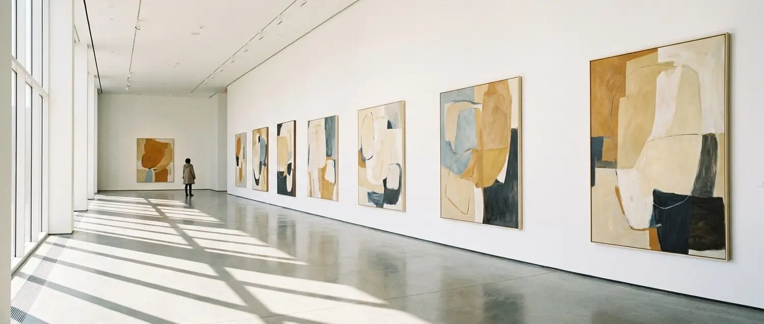 Une salle d'exposition lumineuse, œuvres abstraites accrochées en enfilade