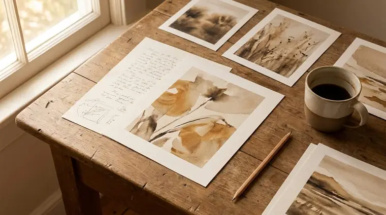 Un dossier artistique en préparation sur une table en bois : planches imprimées, notes manuscrites et crayon