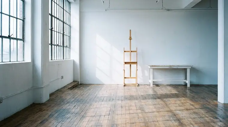 Visuel d'ambiance : un grand atelier vide au parquet usé, un chevalet et une table de tréteaux devant une verrière à petits carreaux