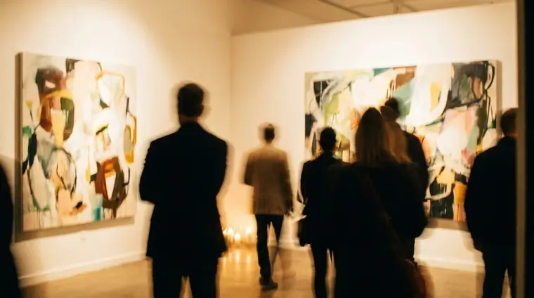Des visiteurs de dos pendant un vernissage, devant deux grandes toiles abstraites