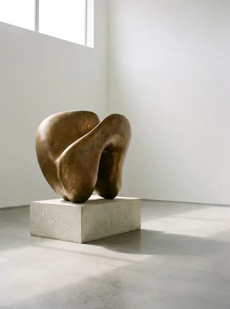 Visuel d'ambiance : une sculpture de bronze posée sur un socle blanc devant un mur clair, dans une salle vide