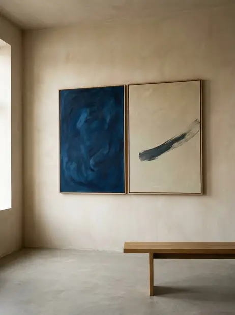 Visuel d'ambiance : deux œuvres encadrées côte à côte sur un mur clair, l'une bleu profond, l'autre au trait noir